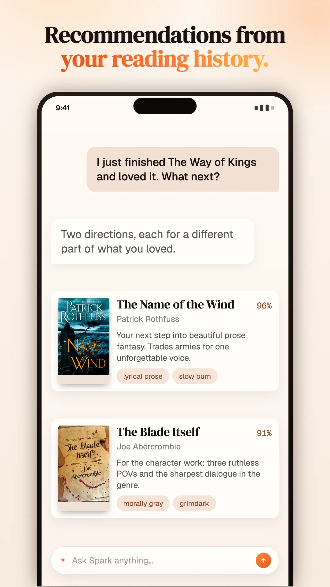 Recommendations drawn from reading history, suggesting two directions after finishing The Way of Kings