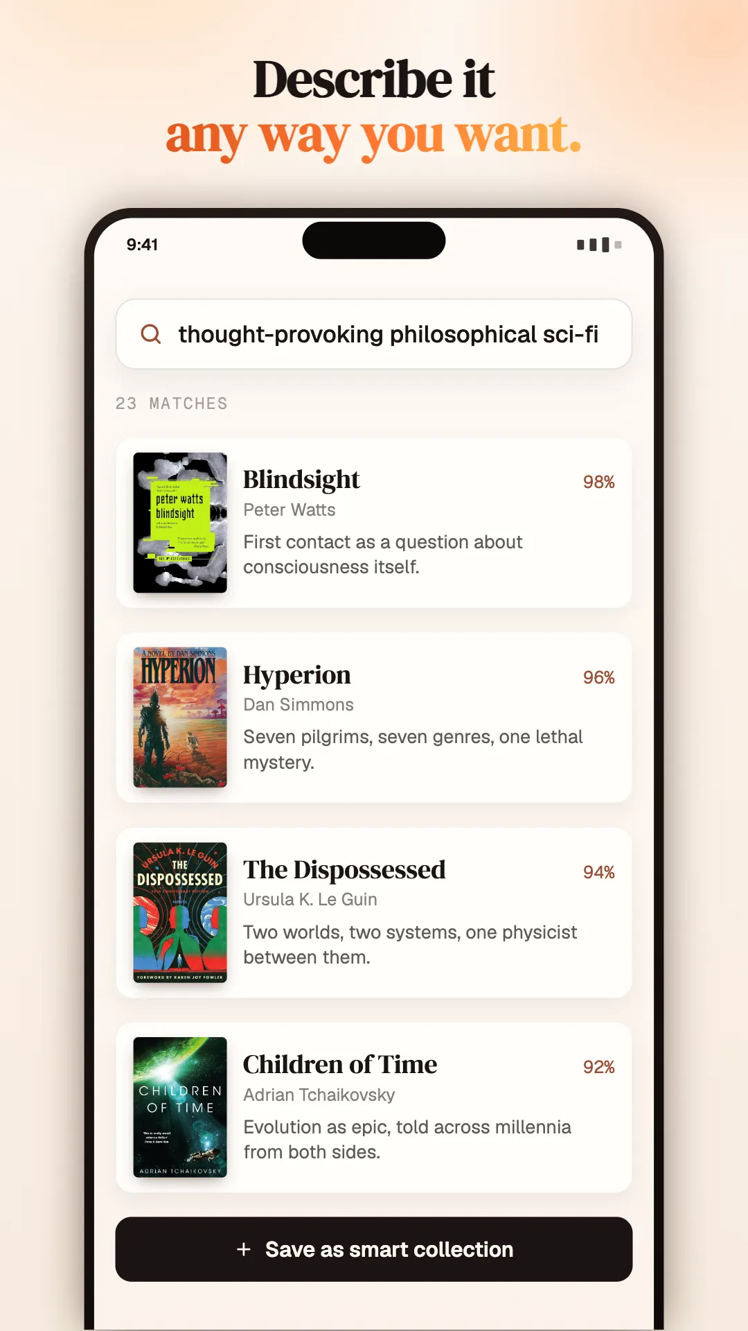 Natural-language search for "thought-provoking philosophical sci-fi", with match percentages for each result