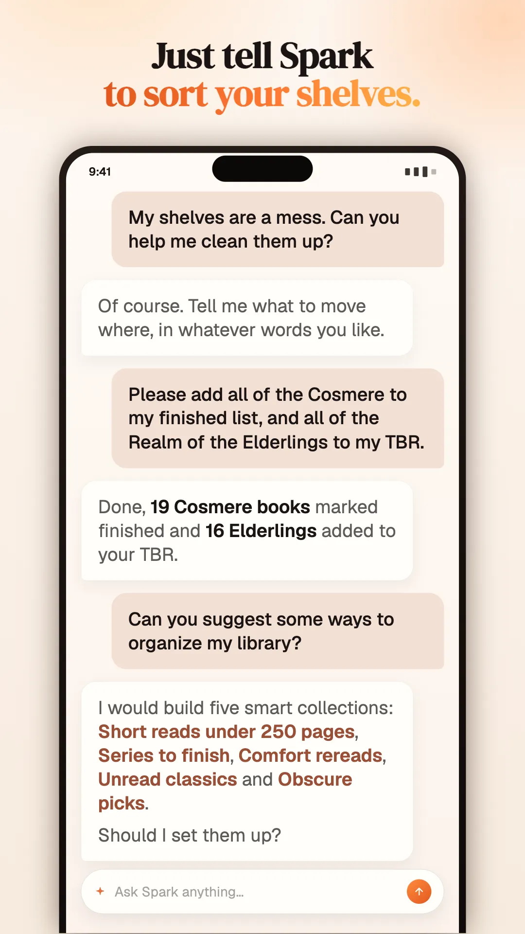 A conversation with Spark, the in-app assistant, reorganising shelves and proposing smart collections in plain language