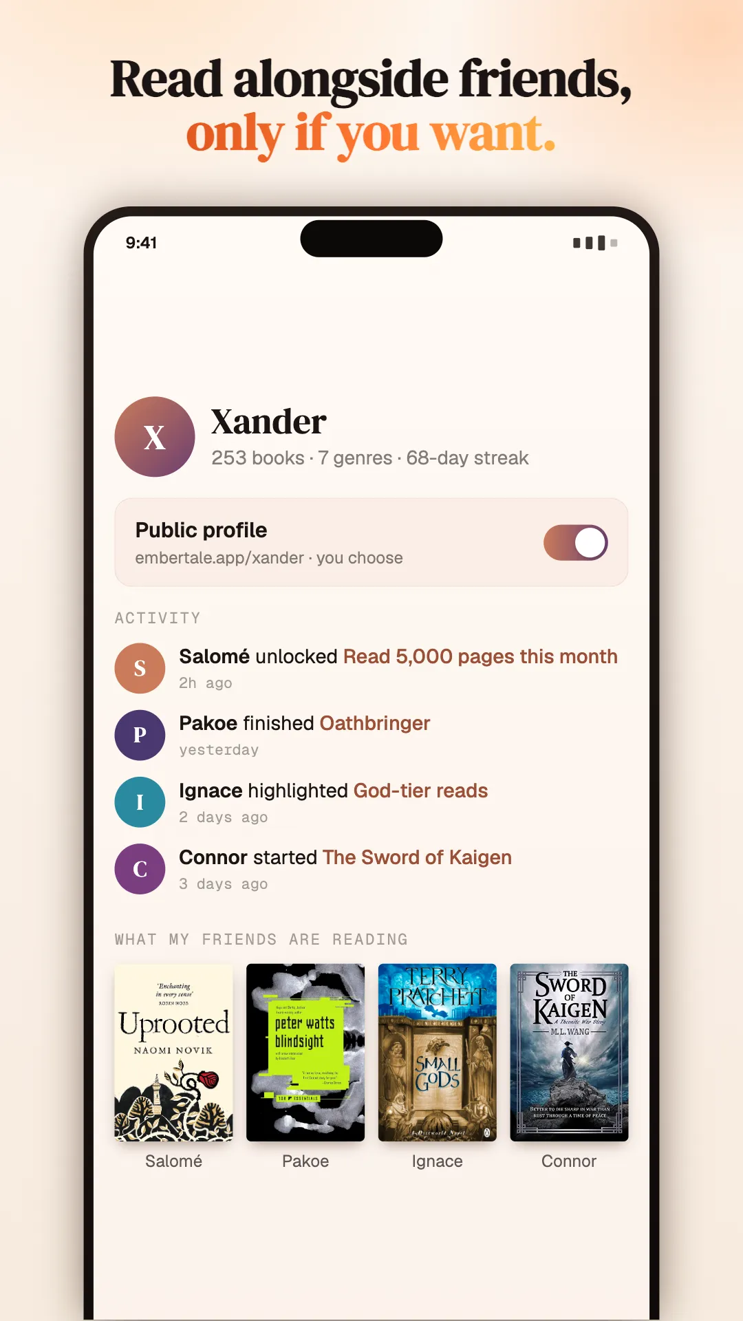 A public profile alongside a feed of what friends are reading and finishing